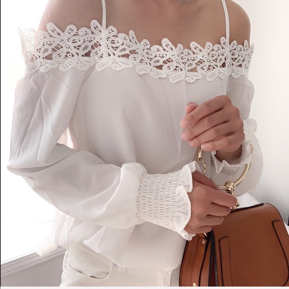 BOHO CROCHETED OFF SHOULDER TOP - WHITE - Picture 3 of 5